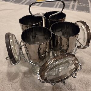 Vintage Reproduction Chrome/Silver Fade highball glasses w/coasters & wire caddy